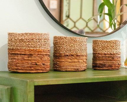 Kleine zeegrasmand BHINNEKA (tweekleurig) | Plantenmand | Kleine opbergmand | Geweven Boho-mand | Plantenbak | Decoratieve mand | Ronde bloemenmand