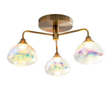 LED-plafondlamp 3-flame "varna", plafondlamp gemaakt van messing gekleurd metaal en irisglas, met stevig ingebouwde LED's, een diameter van 42 cm, stijlvolle verlichting voor woonkamer, eetkamer of gang