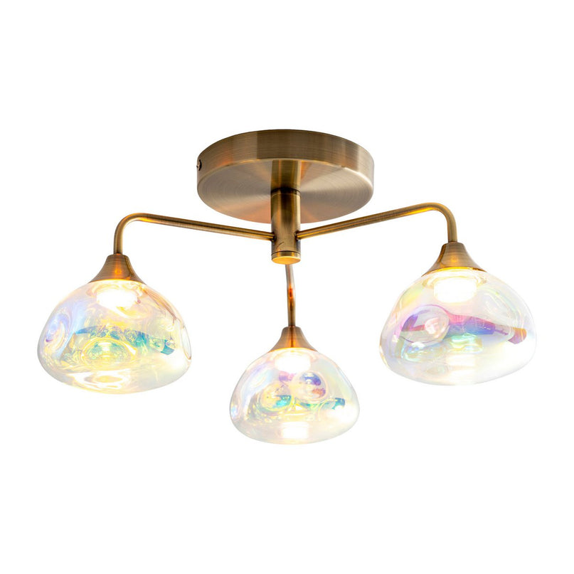 LED-plafondlamp 3-flame "varna", plafondlamp gemaakt van messing gekleurd metaal en irisglas, met stevig ingebouwde LED's, een diameter van 42 cm, stijlvolle verlichting voor woonkamer, eetkamer of gang