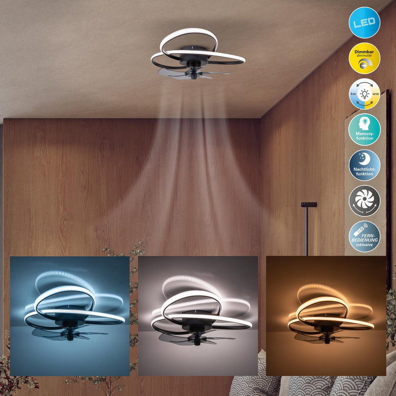Het moderne LED -plafondlicht "Leccio" inclusief ventilator, nachtlichtfunctie, dim- en lichttemperatuurinstelling is uitgerust met stevig geïnstalleerde LED's en heeft een geschatte Øvon 58 cm.