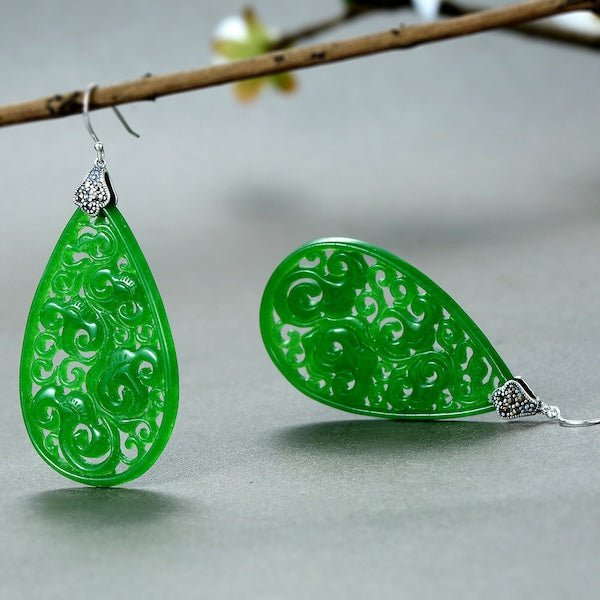 Waterdrop Jade oorbellen-Ruyi bloempatroon