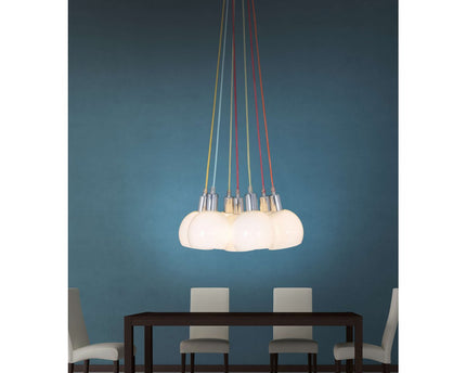 Hanglamp "regenboog-bowl" in totaal 120 cm hoog, 7 glazen schermen Ø 16 cm, gemaakt van chroomkleurig metaal, opaalwit glas en kleurrijke voeding, E14-versies