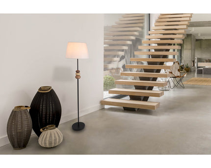 Staande lamp "Elina" 155 cm hoog, Ø 38 cm, metaal in zwart/bruin, tekstblazer in wit, E27