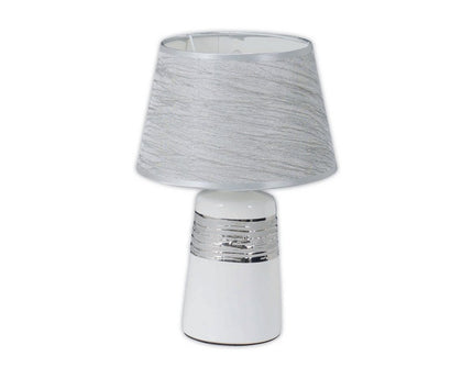 Keramische tafellamp "Vittoria" 31 cm hoog, Ø 20 cm, gemaakt van keramiek, metaal en stof gemaakt van polyester, wit en zilver