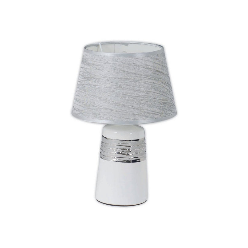 Keramische tafellamp "Vittoria" 31 cm hoog, Ø 20 cm, gemaakt van keramiek, metaal en stof gemaakt van polyester, wit en zilver