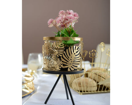Metaalplantondersteuning met gouden vaas H.22.5 cm