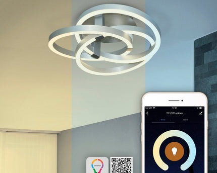 Smart Home LED plafondlicht "Divora" Ø 70 cm, plafondlamp gemaakt van metaal, aluminium geborsteld en wit plastic, met veel functies, stevig gebouwd -in LED's, verlichting voor woonkamer, eetkamerkantoor of gang