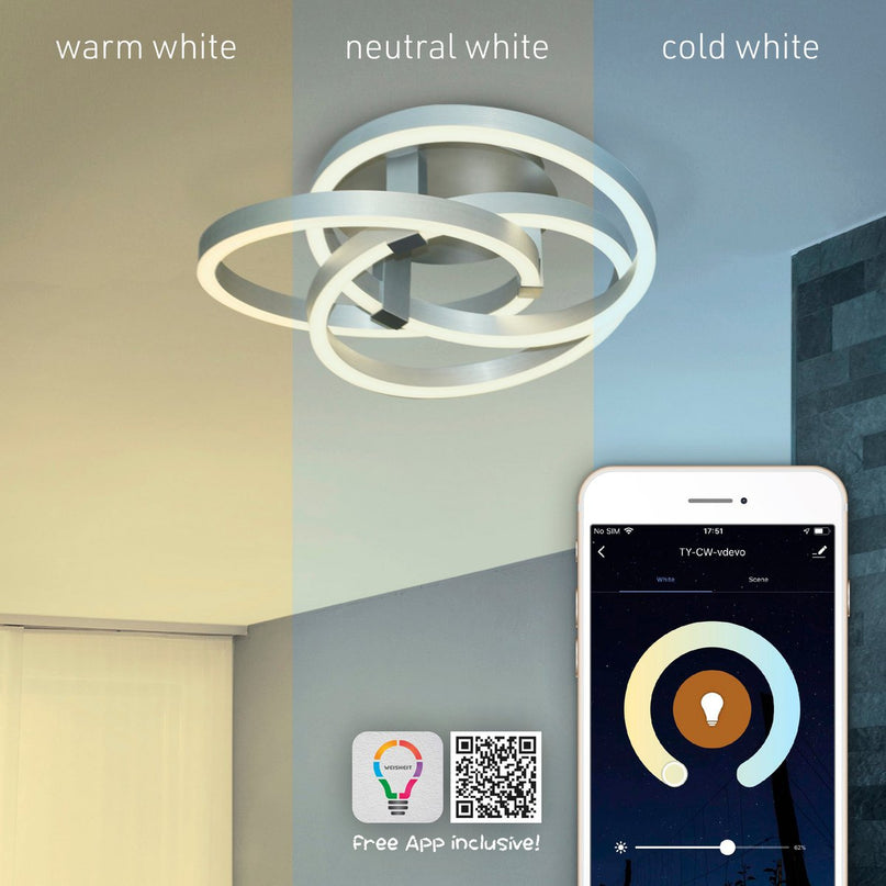 Smart Home LED plafondlicht "Divora" Ø 70 cm, plafondlamp gemaakt van metaal, aluminium geborsteld en wit plastic, met veel functies, stevig gebouwd -in LED's, verlichting voor woonkamer, eetkamerkantoor of gang