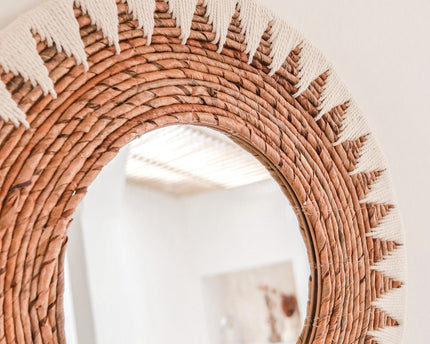 Ronde Boho Spiegel 60 cm | Handgemaakte geweven wandspiegel AWAN | Wanddecoratie met patroon gemaakt van katoenen koorden