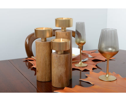Hout- en goudmetalen kandelaar 19 cm
