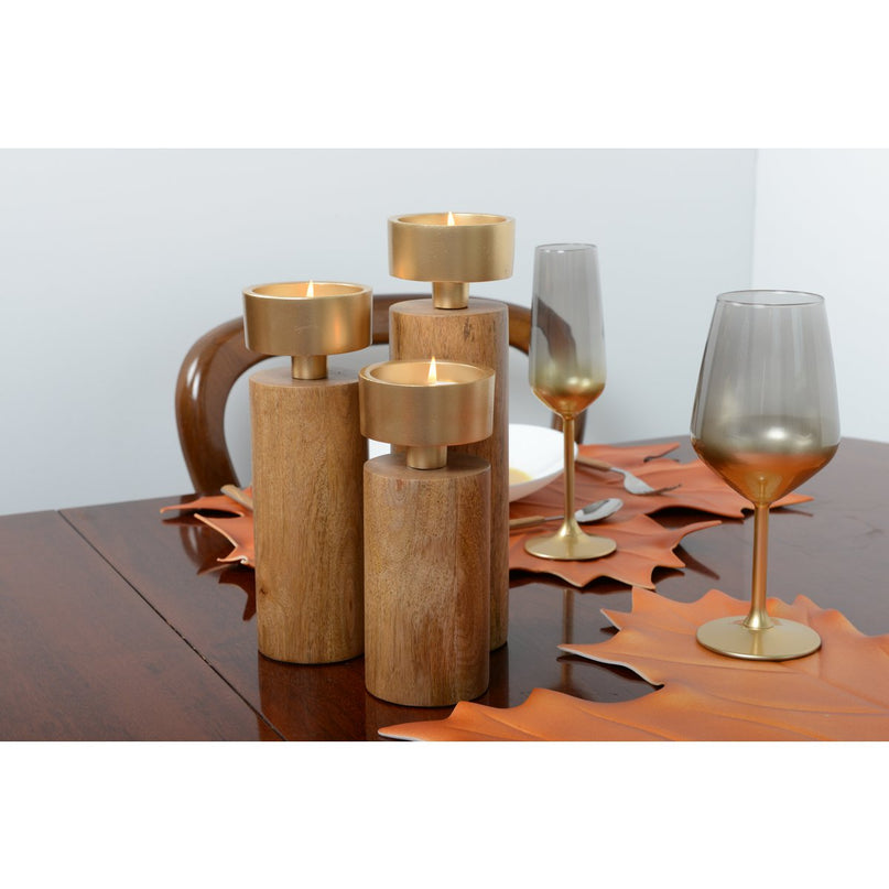 Hout- en goudmetalen kandelaar 19 cm