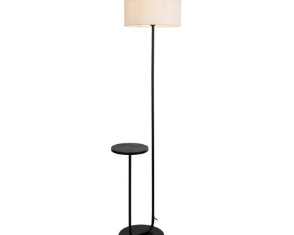 Staande lamp met geïntegreerde "tordis" -tafel gemaakt van zwart metaal en natuurlijk wit textielmateriaal, 157 cm hoog, E27