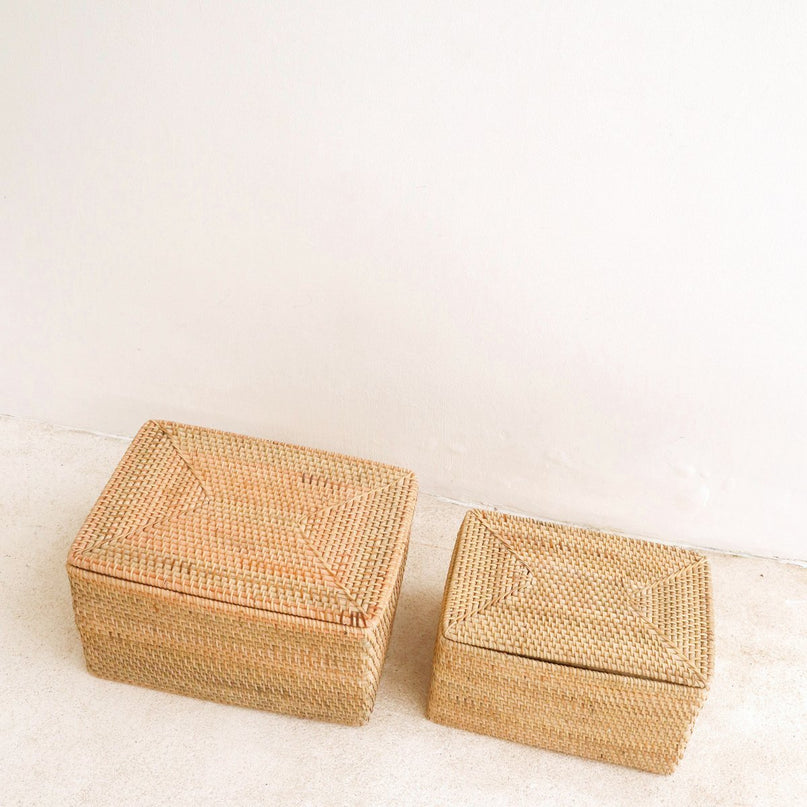 Opbergmand met deksel – Plankmand gemaakt van beige rotan – Handgeweven decoratieve mand GRAHA (2 maten)