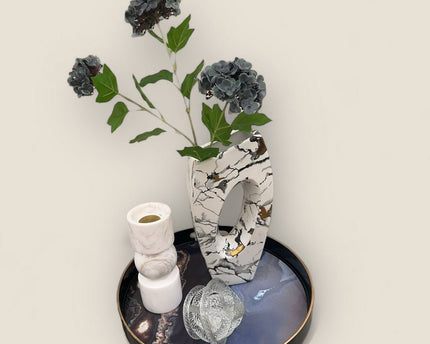 Combination: a tray, a marble candlestick, a marble vase with high-end silk fabric flowers