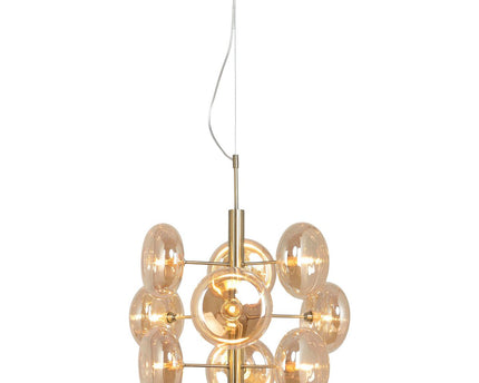 Hanger lamp "Orion" Ø ca. 53 cm, gemaakt van messing gekleurd metaal en glas in barnsteen, G9-sockets, verlichting voor woonkamer, eetkamer of kantoor.