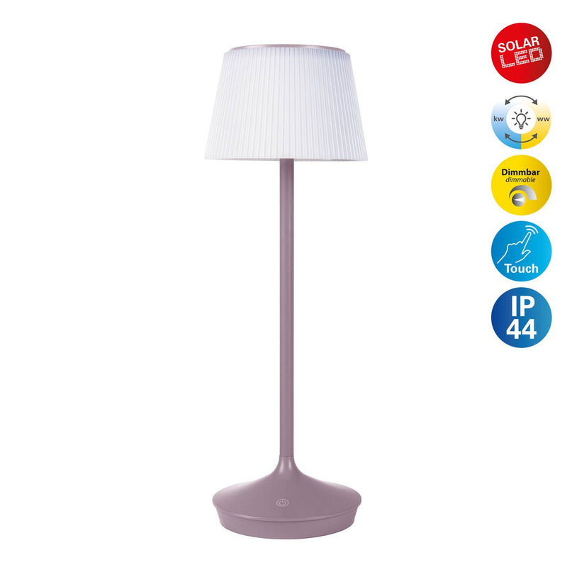 Zonne -batterijlamp "EMMI" 38 cm hoog, paraplu Ø 13 cm, metaal in bramen en wit plastic, voor de buitenruimte, dimable CCT.