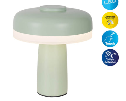 Draadloos tafellicht "Pilu", 16,5 cm hoog, boven Ø van 15 cm, metaal in mint, wit plastic, geïntegreerde LED's, 280 lumen, dimbaar door aanraaksensor, warm wit wit wit
