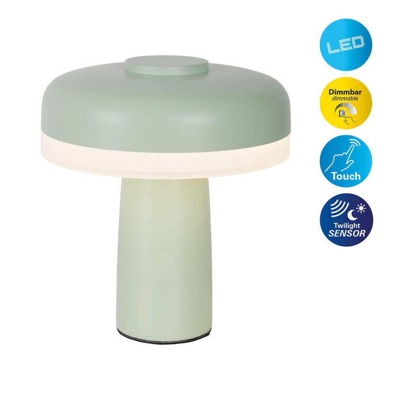 Draadloos tafellicht "Pilu", 16,5 cm hoog, boven Ø van 15 cm, metaal in mint, wit plastic, geïntegreerde LED's, 280 lumen, dimbaar door aanraaksensor, warm wit wit wit