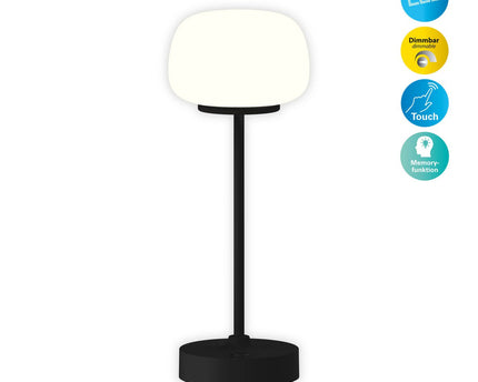 LED -batterij/ tafellamp "Pina" 30 cm hoog, gemaakt van metaal (zwart) en glas (wit), geïntegreerde LED's, warm wit