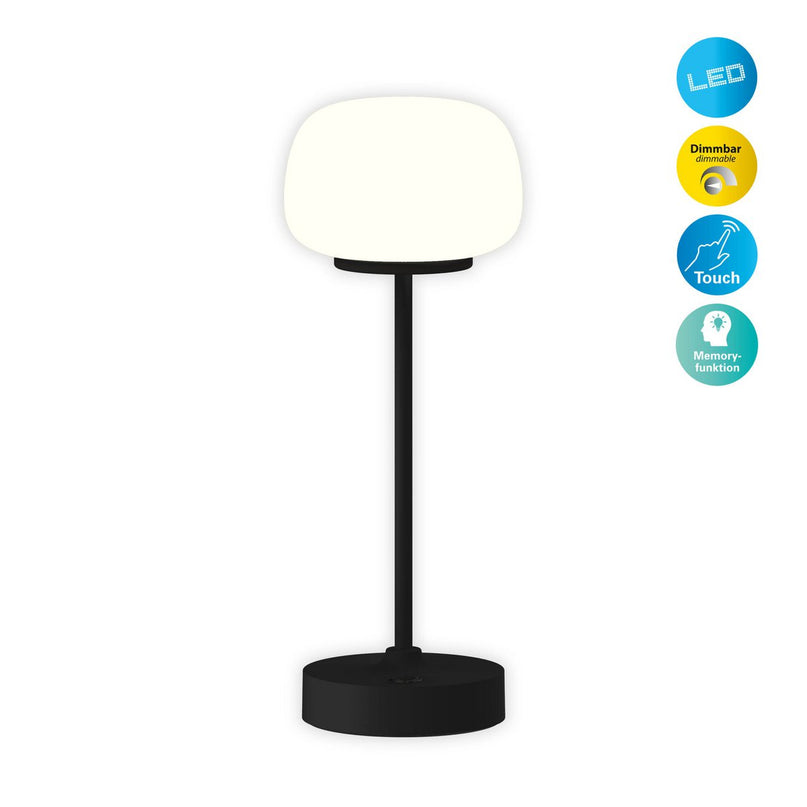 LED -batterij/ tafellamp "Pina" 30 cm hoog, gemaakt van metaal (zwart) en glas (wit), geïntegreerde LED's, warm wit