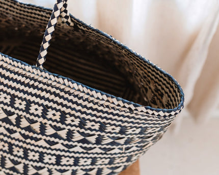 Boho Tote Bag – Zeegras Zomertas – Schouder Strandtas – Geweven Natuurlijke Tas – Grote Boho Boodschappentas KIDUL (zwart)