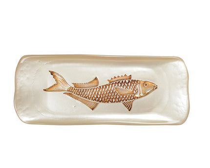 Vanille rechthoekig gerecht met gouden vis 31,7x12,7 cm
