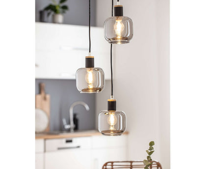 3 plafondlamp "fumoso", hanglamp gemaakt van metaal en glas in zwart, met E14 -aansluiting, voor eetkamer, woonkamer, hal of kantoor, hangende lamp Totale hoogte 123 cm.