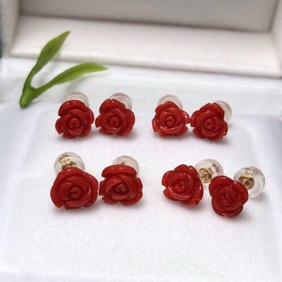 Tijdloos Red Coral Rose Flower Ear studs-18k goud