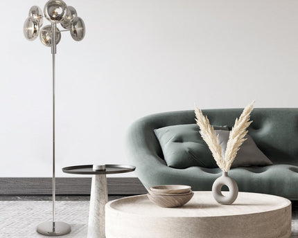 Staande lamp "Orion" rokerig, ongeveer 165 cm hoog, gemaakt van chroomkleurig, roestvrij staal en rookglas, G9-aansluiting, verlichting voor woonkamer, eetkamer of kantoor.