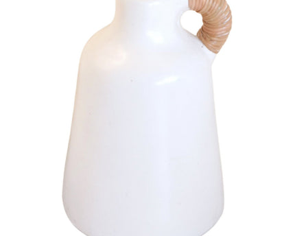 Vaas Witte kleine decoratieve vaas voor gedroogde of verse bloemen, handgegoten uit klei met rotan handvat SANA