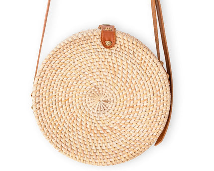 Ronde rotan tas beige handgemaakte crossbody tas met synthetische lederen riemen schoudertas Boho Bali tas SENJA (natuurlijk)