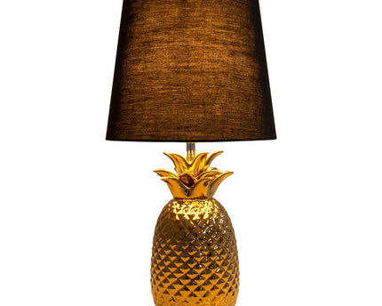Keramische tafellamp "ananas", tafellamp gemaakt van keramiek met goudkleurig glazuur en zwart stofscherm, met E14-aansluiting, voor eetkamer, woonkamer, gang of kantoor, tafellamp 45 cm hoog