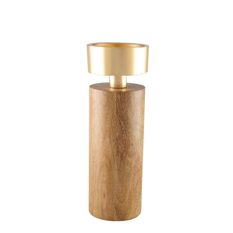 Hout- en gouden metalen kandelaar 23 cm