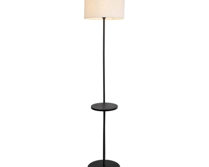 Staande lamp met geïntegreerde "tordis" -tafel gemaakt van zwart metaal en natuurlijk wit textielmateriaal, 157 cm hoog, E27