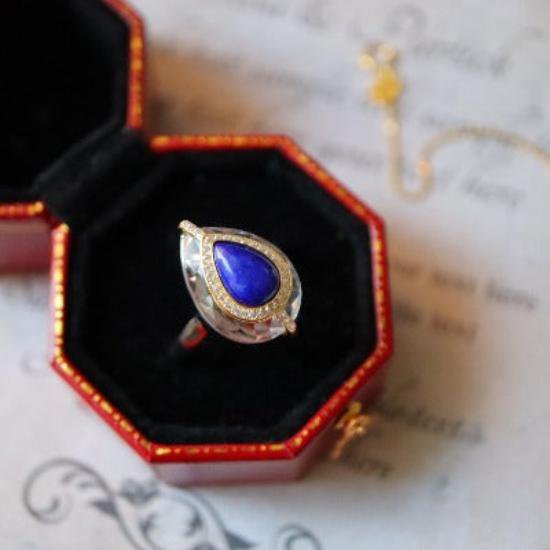 Lapislazuli peer-cut heldere kwartskristalring