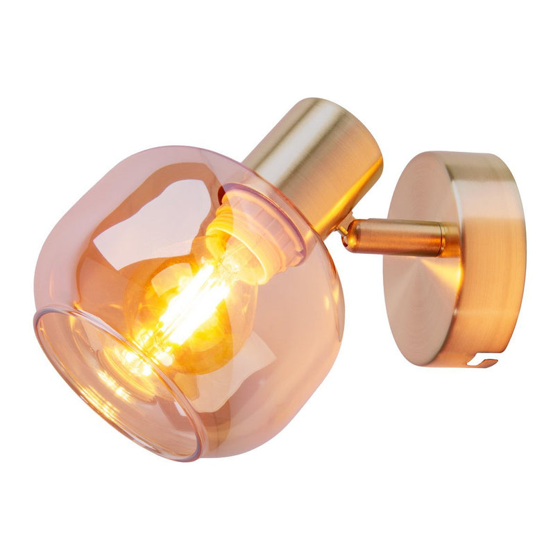 Glazen wandvlek "Libby", klassieke wandlamp gemaakt van messing gekleurd metaal en getinte glas in barnsteen, met E14-aansluiting, voor eetkamer, woonkamer, gang of kantoor, 16 cm