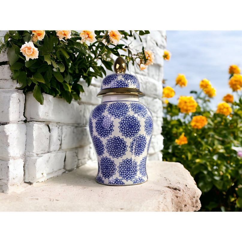 Dahlia blauwe en witte porselein gemberpot