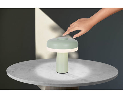 Draadloos tafellicht "Pilu", 16,5 cm hoog, boven Ø van 15 cm, metaal in mint, wit plastic, geïntegreerde LED's, 280 lumen, dimbaar door aanraaksensor, warm wit wit wit