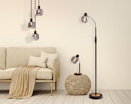 Glas-stand-lamp "Fumoso", vloerlamp gemaakt van metaal en glas in zwart, met E14-aansluiting, voor eetkamer, woonkamer, hal of kantoor, vloerlamp binnen, 150 cm hoog.