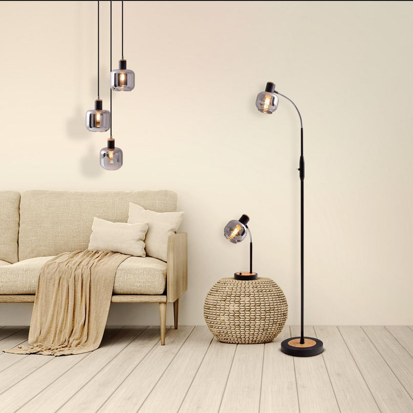Glas-stand-lamp "Fumoso", vloerlamp gemaakt van metaal en glas in zwart, met E14-aansluiting, voor eetkamer, woonkamer, hal of kantoor, vloerlamp binnen, 150 cm hoog.