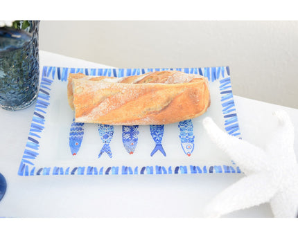 Rechthoekige schotel blauwe vis 35x25x2,8 cm