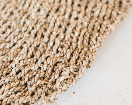 Zeegrasvloerkleed rond 100/120 cm – vloerkleed in bohostijl – rond vloerkleed naturel – handgeweven beige natuurvloerkleed (2 maten) LOKA