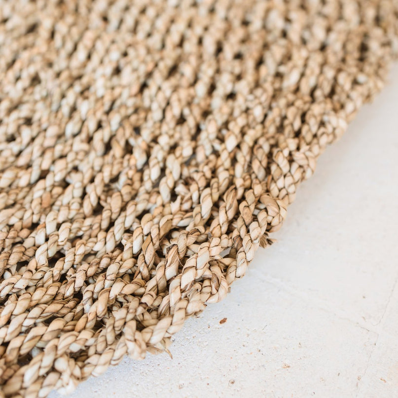 Zeegrasvloerkleed rond 100/120 cm – vloerkleed in bohostijl – rond vloerkleed naturel – handgeweven beige natuurvloerkleed (2 maten) LOKA