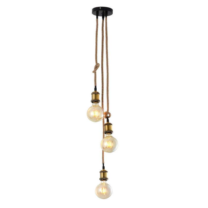 3 Metal Baldachin "Ontario" decoratieve hanglamp gemaakt van metaal in alt-messing en jute, E27-versies, verlichting voor woonkamers of kantoor.