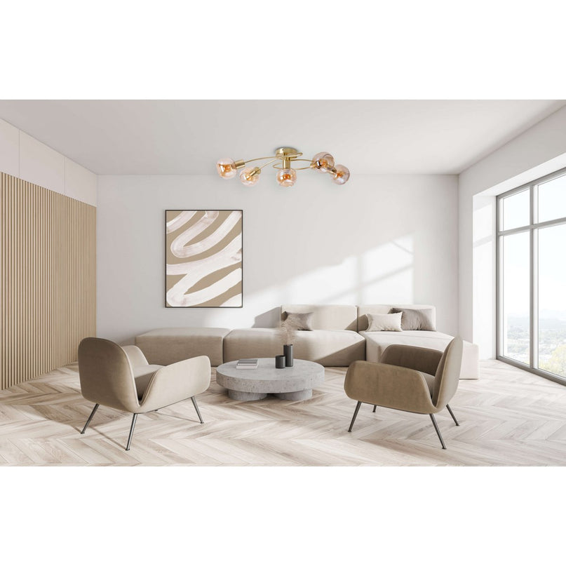 5er spot/plafondlamp "libby" messing, klassiek plafondlamp gemaakt van messing gekleurd metaal en getinte glas in barnsteen, met E14-aansluiting, voor eetkamer, woonkamer, gang of kantoor, 65,5 cm lang