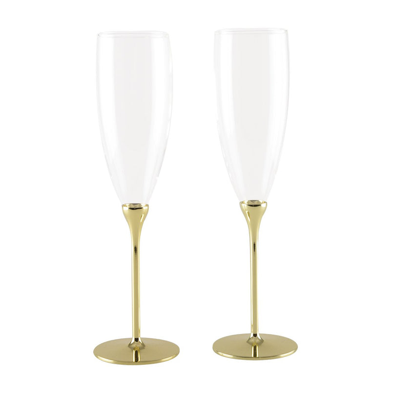 Set van 2 glazen champagne fluiten te voet in gouden metaal