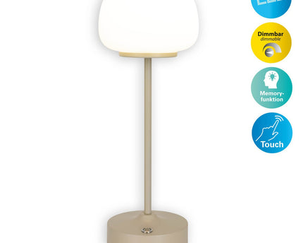 LED -batterij/ tafellamp "Pina" 30 cm hoog, gemaakt van metaal (beige) en glas (wit), geïntegreerde LED's, warm wit