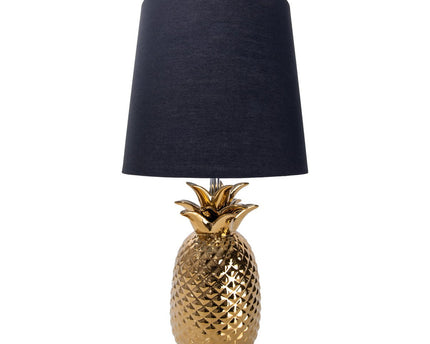 Keramische tafellamp "ananas", tafellamp gemaakt van keramiek met goudkleurig glazuur en zwart stofscherm, met E14-aansluiting, voor eetkamer, woonkamer, gang of kantoor, tafellamp 45 cm hoog