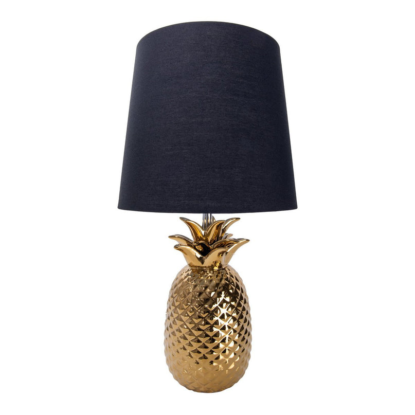 Keramische tafellamp "ananas", tafellamp gemaakt van keramiek met goudkleurig glazuur en zwart stofscherm, met E14-aansluiting, voor eetkamer, woonkamer, gang of kantoor, tafellamp 45 cm hoog