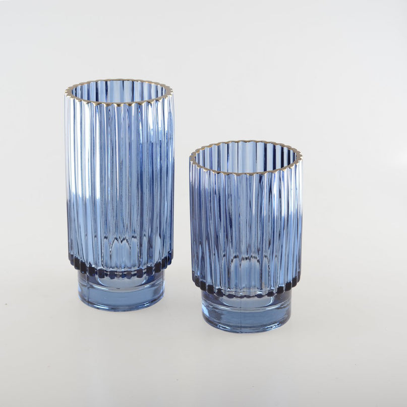 Blauwe vaas donkere rand vergulde h.20 cm